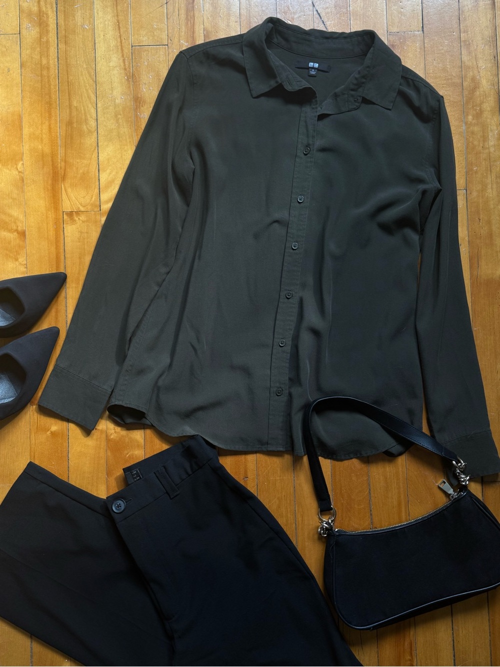 Classic Black Button-Up Shirt khaki minimalistic basic wardrobe 2026